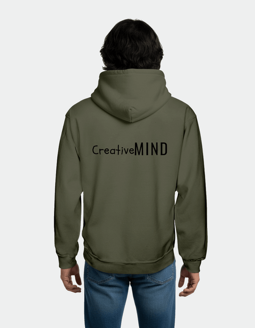 Olive green Signature Hoodie for ADHD and autism pride, made from ultra-soft cotton blend with 'CreativeMIND' printed on the back.