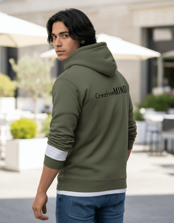 Olive green Signature Hoodie for ADHD and autism pride, made from ultra-soft cotton blend with 'CreativeMIND' printed on the back.